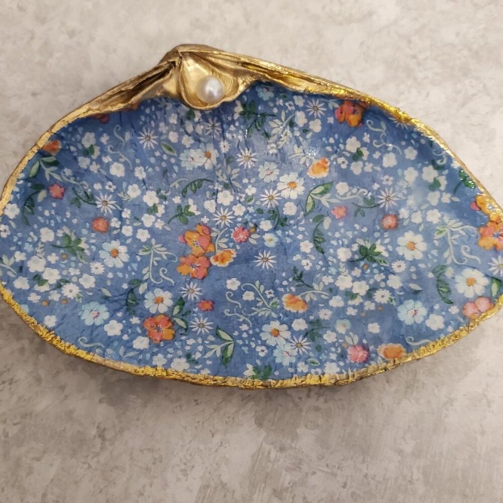 Shells Large Decoupage Floral w/Faux Pearl Gold Leaf Trim Gift Art Trinket Dish